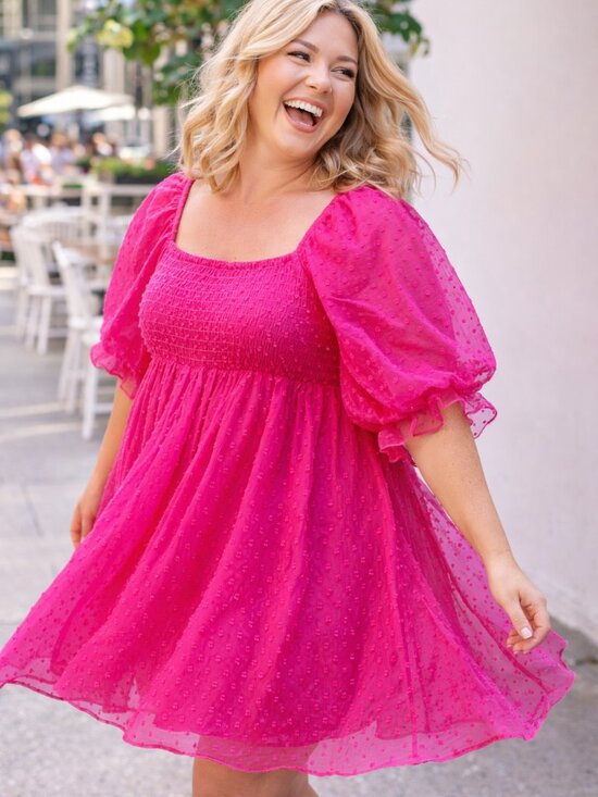 One Loved Babe Dresses & Skirts - Hot Pink Swiss Dot Smocked Babydoll Mini Dress Puff Sleeve Romantic XL L